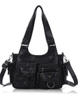 Washed-Effect Convertible Multi-Pocket Shoulder Bag