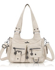 Washed-Effect Convertible Multi-Pocket Shoulder Bag
