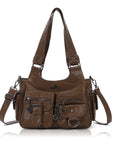 Washed-Effect Convertible Multi-Pocket Shoulder Bag
