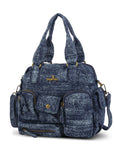 Washed Denim Multi-Pocket Satchel Bag