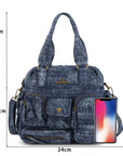 Washed Denim Multi-Pocket Satchel Bag