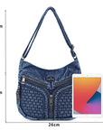 Textured Denim Crescent Shoulder Bag