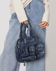 Washed Denim Multi-Pocket Satchel Bag