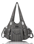 Women Shouder Handbag of Washed PU with Multi-pockets-Angelkiss Bag