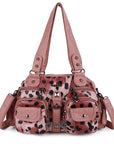 Biker-Style Multi-Pocket Shoulder Bag with Animal-Print Panels