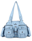 Biker-Style Multi-Pocket Shoulder Bag with Animal-Print Panels