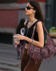 Biker Fringe-Detail Multi-Pocket Crescent Shoulder Bag