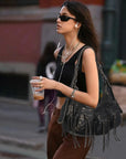 Biker Fringe-Detail Multi-Pocket Crescent Shoulder Bag