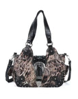 Leopard Patchwork Statement-Buckle Shoulder Bag