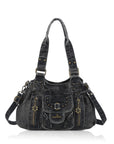 Washed Western Studded Shoulder Tote Bag with Lace-Up Detail