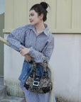 Buckle-Front Multi-Pocket Hobo Shoulder Bag