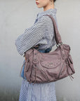 Washed Curved-Panel Slouchy Hobo Shoulder Bag