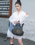 Buckle-Front Multi-Pocket Hobo Shoulder Bag