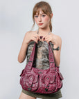 Vintage Studded Multi-Pocket PU Shoulder Bag