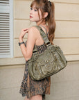 Washed Western Studded Shoulder Tote Bag with Lace-Up Detail