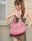 Vintage Multi-Pocket PU Shoulder Bag with Detachable Crossbody Strap