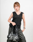 Buckle-Front Multi-Pocket Hobo Shoulder Bag