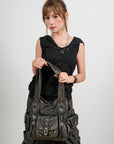 Soft-Structured Biker Shoulder Bag with Curved Panels