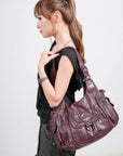 Vintage Multi-Pocket PU Shoulder Bag with Detachable Crossbody Strap