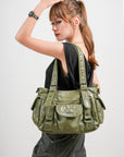 Utility-Inspired Multi-Pocket PU Tote Bag