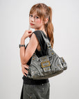 Buckle-Front Multi-Pocket Hobo Shoulder Bag