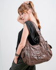 Vintage Multi-Pocket PU Shoulder Bag with Detachable Crossbody Strap