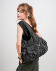 Soft-Structured Biker Shoulder Bag with Curved Panels