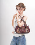 Curved-Panel Studded Buckle Shoulder Tote Bag