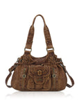 Washed Western Studded Shoulder Tote Bag with Lace-Up Detail