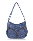 Textured Denim Crescent Shoulder Bag