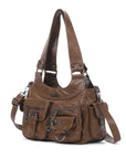 Washed-Effect Convertible Multi-Pocket Shoulder Bag