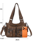 Washed-Effect Convertible Multi-Pocket Shoulder Bag