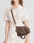 Washed-Effect Convertible Multi-Pocket Shoulder Bag