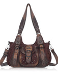 Curved-Panel Studded Buckle Shoulder Tote Bag