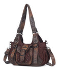 Curved-Panel Studded Buckle Shoulder Tote Bag