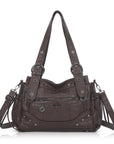 Curved-Panel Multi-Pocket Satchel Shoulder Bag