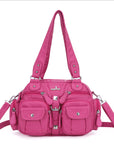 Biker-Style Multi-Pocket Shoulder Bag with Animal-Print Panels