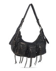 Biker Fringe-Detail Multi-Pocket Crescent Shoulder Bag
