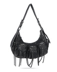 Biker Fringe-Detail Multi-Pocket Crescent Shoulder Bag