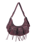 Biker Fringe-Detail Multi-Pocket Crescent Shoulder Bag