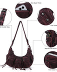 Biker Fringe-Detail Multi-Pocket Crescent Shoulder Bag