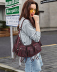 Biker Fringe-Detail Multi-Pocket Crescent Shoulder Bag