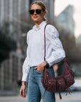 Biker Fringe-Detail Multi-Pocket Crescent Shoulder Bag