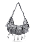 Biker Fringe-Detail Multi-Pocket Crescent Shoulder Bag
