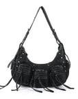 Biker Fringe-Detail Multi-Pocket Crescent Shoulder Bag