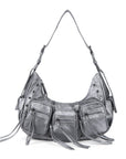 Biker Fringe-Detail Multi-Pocket Crescent Shoulder Bag