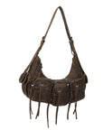 Biker Fringe-Detail Multi-Pocket Crescent Shoulder Bag