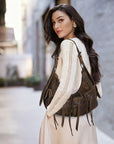 Biker Fringe-Detail Multi-Pocket Crescent Shoulder Bag
