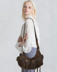 Biker Fringe-Detail Multi-Pocket Crescent Shoulder Bag