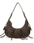 Biker Fringe-Detail Multi-Pocket Crescent Shoulder Bag